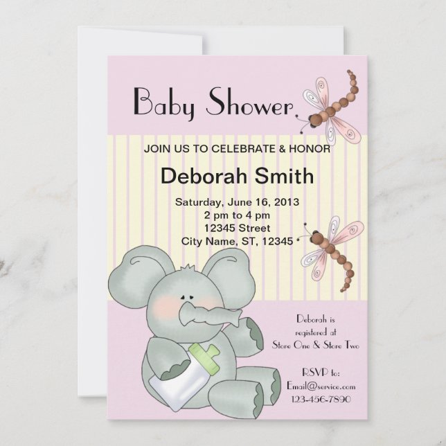 Elephant Dragonfly Rosa Rand Baby Shower Inbjudningar (Framsida)