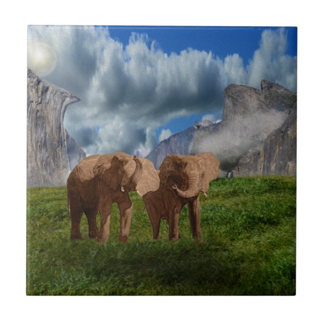 Elephant Duo Oil Paint, Ceramic Tile Kakelplatta (Framsidan)