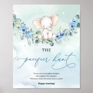 Elephant dusty Blue blommigt Nappar Hunt-spelet Poster