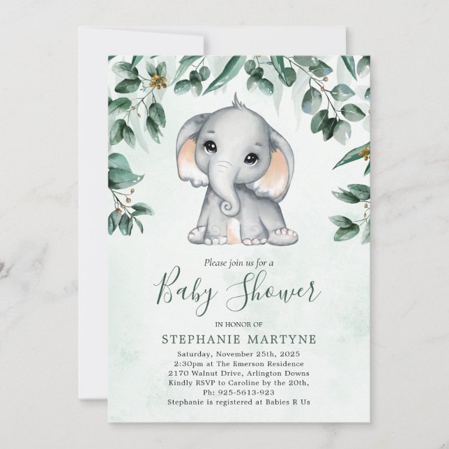 Elephant Eucalyptus Foliage Watercolor Baby Shower Inbjudningar (Framsida)