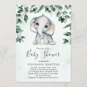 Elephant Eucalyptus Foliage Watercolor Baby Shower Inbjudningar