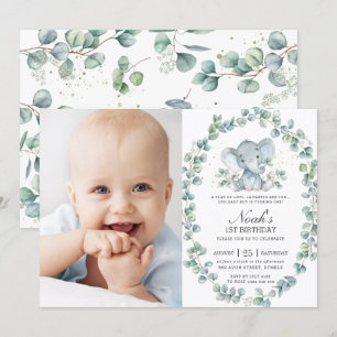 Elephant Eucalyptus Greenery Boy Birthday Photo Inbjudningar