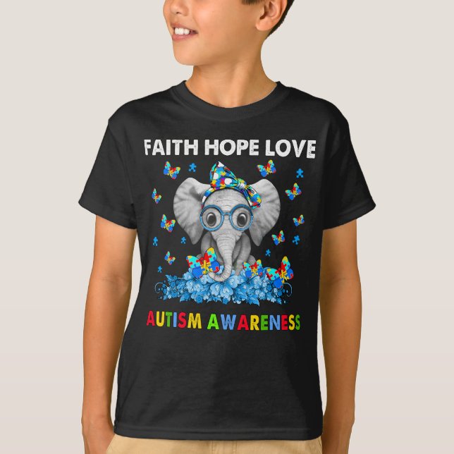 Elephant Faith Hope Kärlek Autism Awareness T Shirt (Framsida)