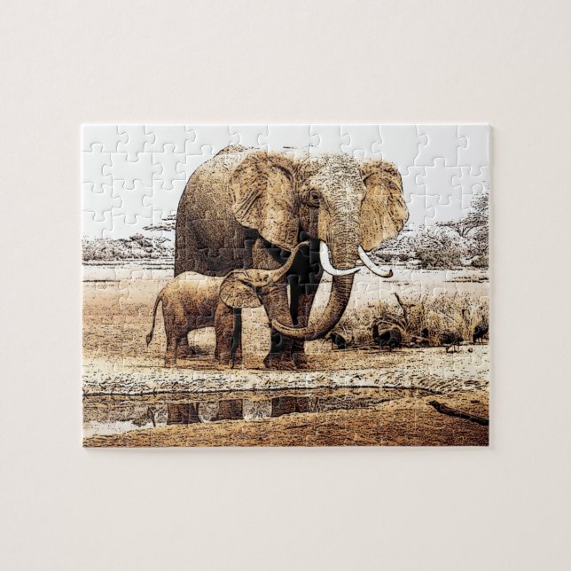 Elephant Family Illustration Animal Art Pussel (Horisontell)