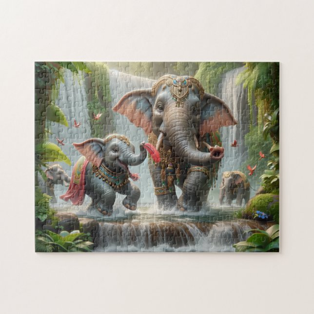 Elephant Family Jungle Waterfall Happy Time Pussel (Horisontell)