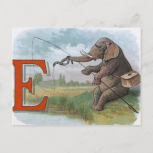 Elephant Fishman Fiske Illustration Vykort