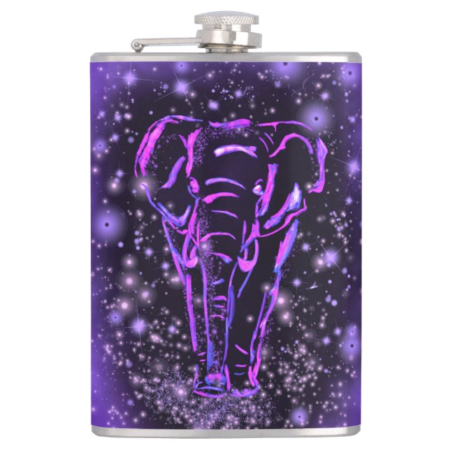 Elephant Flask Walking vid Lila Starry Natt ght Fickplunta (Framsidan)