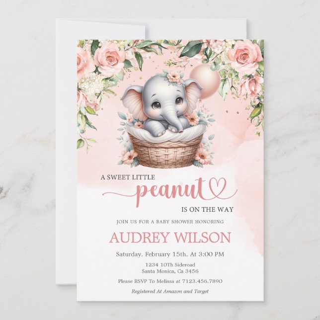 Elephant Flicka Baby Shower Little Peanut Inbjudningar (Framsida)
