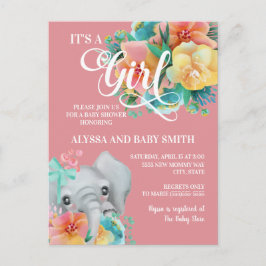 Elephant Flicka Baby Shower Rosa Gult Teal Vykort