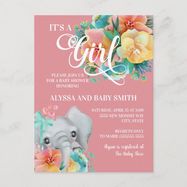 Elephant Flicka Baby Shower Rosa Gult Teal Vykort (Framsida)