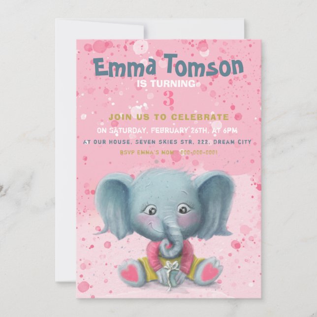 Elephant flicka födelserbjudande meddelande (Framsida)