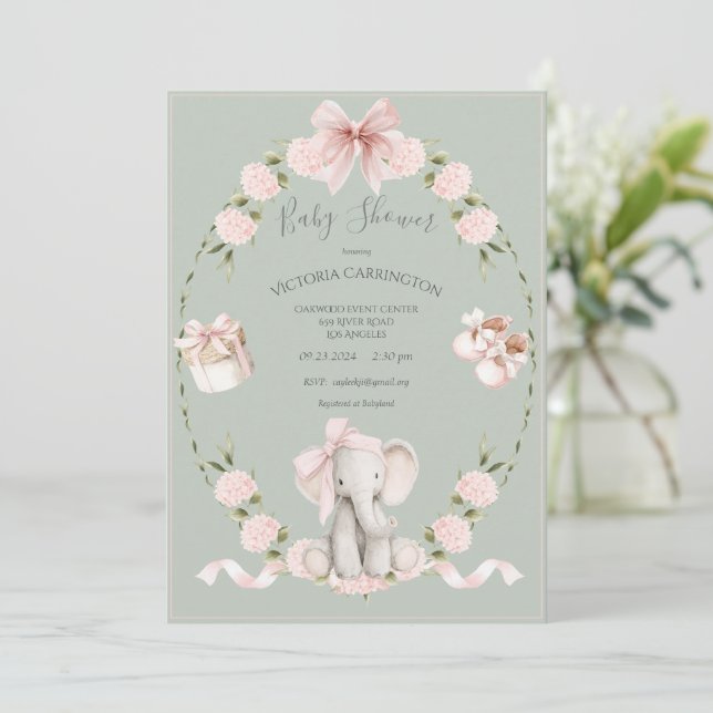 Elephant Floral Hydrangeas Sage Girl Baby Shower Inbjudningar (Stående Fram)