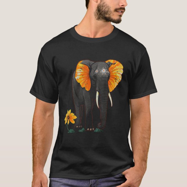 Elephant Flowers Artwork - African Art Elephant T Shirt (Framsida)