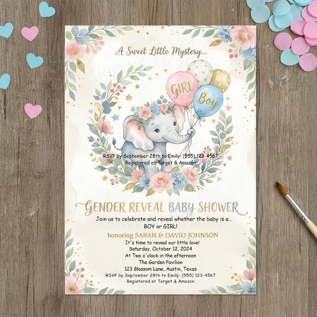 Elephant Gender Reveal Invitation | Pink & Blue Fl Inbjudningar (Skapare uppladdad)