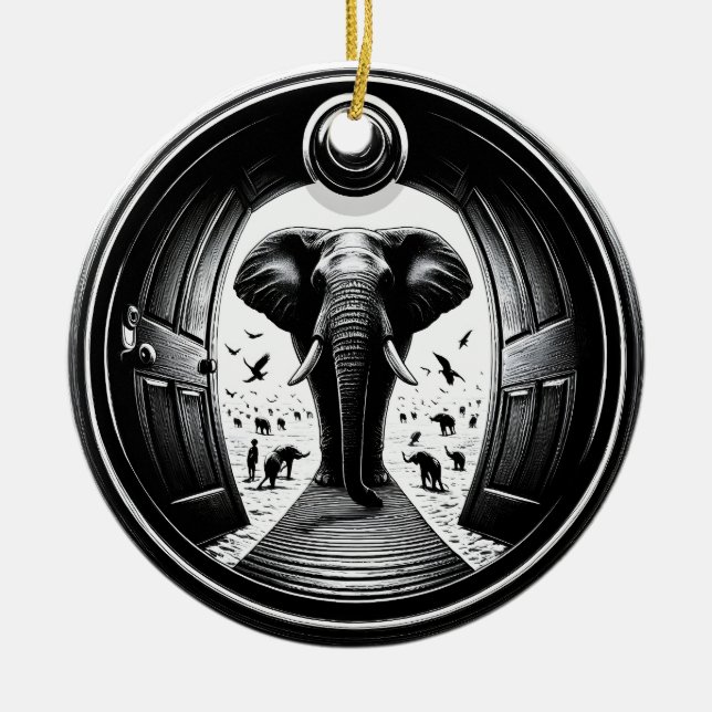 Elephant genom Peephålens dörr | Fisheye Julgransprydnad Keramik (Framsidan)