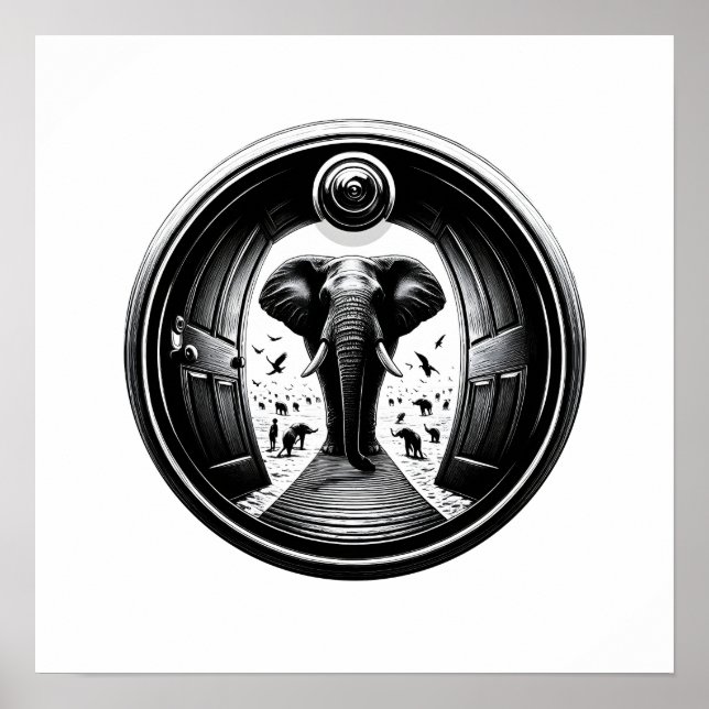 Elephant genom Peephålens dörr | Fisheye Poster (Framsidan)