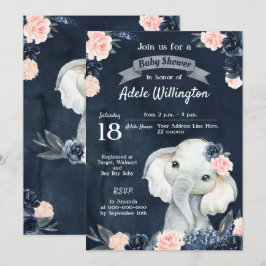 Elephant Gift Watercolor Blommigt Navy Rosa Baby Inbjudningar