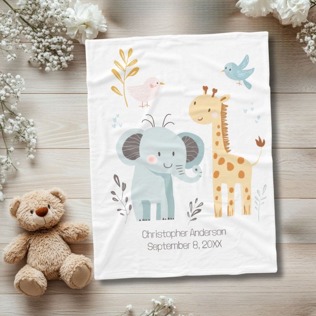 Elephant Giraffe Bird Personlig Birth Stat Baby Fleecefilt (Personalized Birth Stats Elephant Giraffe Bird Baby Blanket)