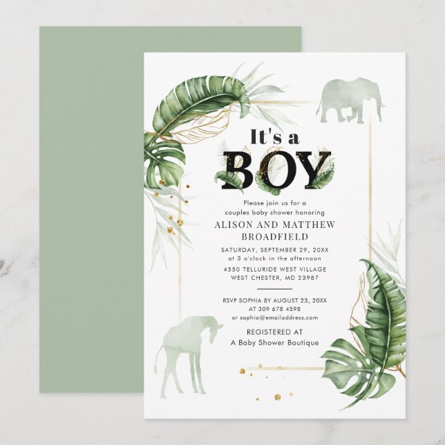 Elephant Giraffe Par Baby Shower Jungle Safari Inbjudningar (Fram/baksida)