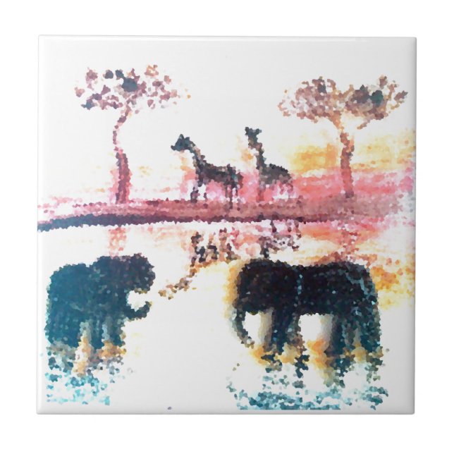 Elephant, Giraffe Safari Sunset Art Kakelplatta (Framsidan)