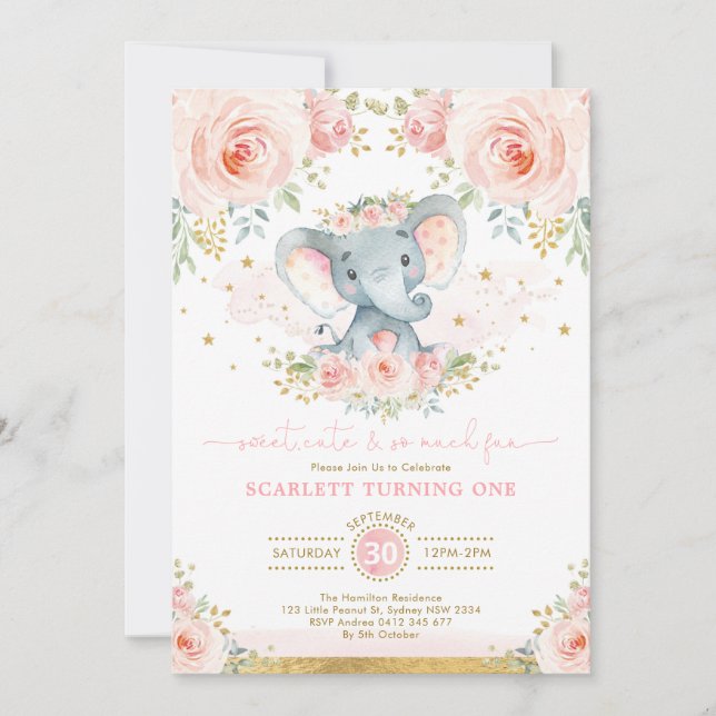 Elephant Girl 1st Birthday  Rosa Guld Blommigt Inbjudningar (Framsida)