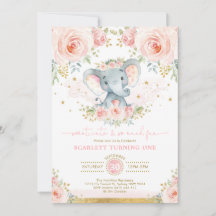 Elephant Girl 1st Birthday  Rosa Guld Blommigt