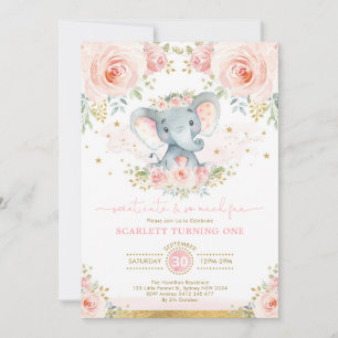 Elephant Girl 1st Birthday Rosa Guld Blommigt Inbjudningar