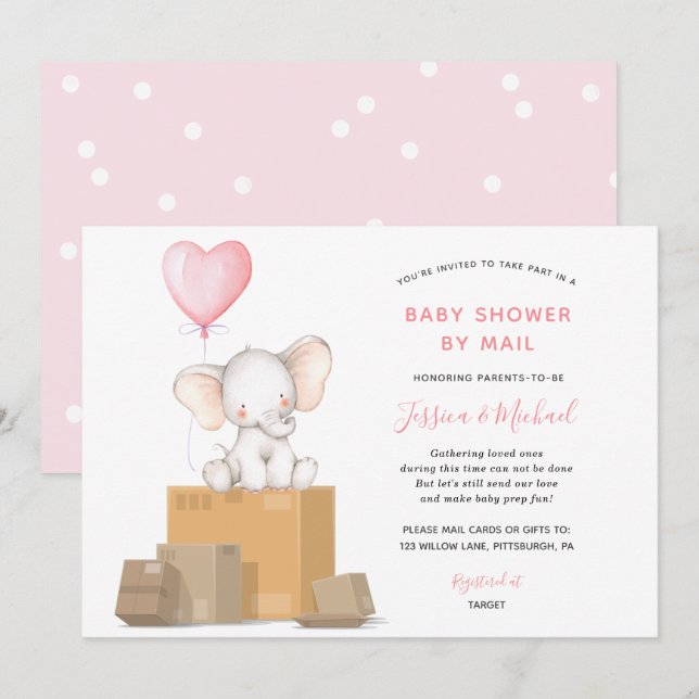 Elephant Girl Baby Shower by Mail-inbjudan Inbjudningar (Fram/baksida)