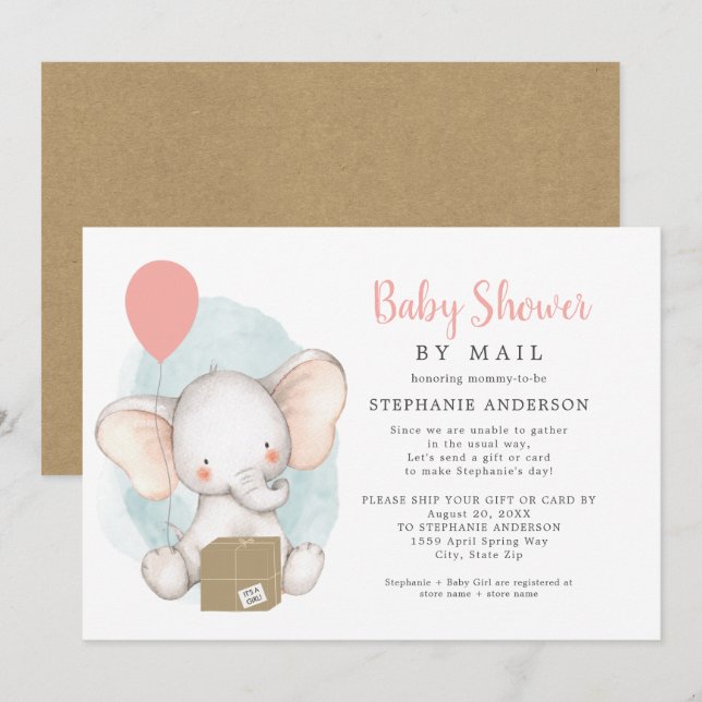 Elephant Girl Baby Shower by Mail Inbjudningar (Fram/baksida)
