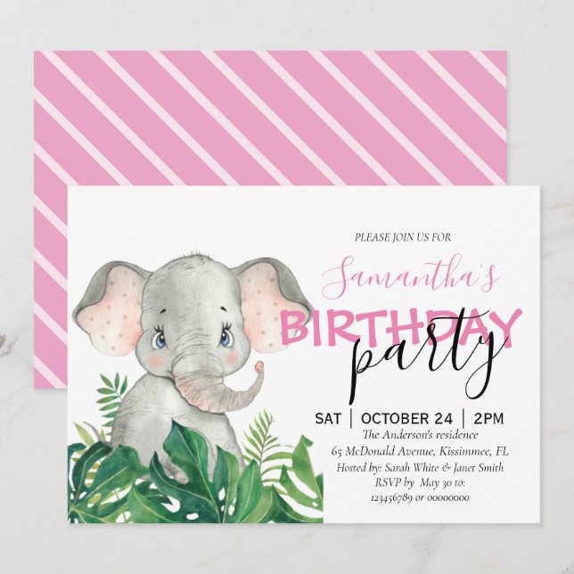 Elephant Girl BIRTHDAY Announcement Meddelande (Fram/baksida)