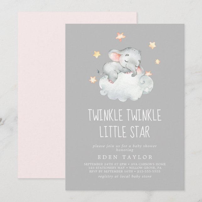 Elephant Girl | Grått Twinkle Twinkle Little Star Inbjudningar (Fram/baksida)