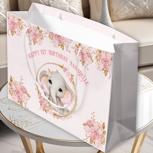 Elephant Girl Rosa 1st Birthday Large Gift Bag (Elephant Girl Pink 1st Birthday Large Gift Bag)