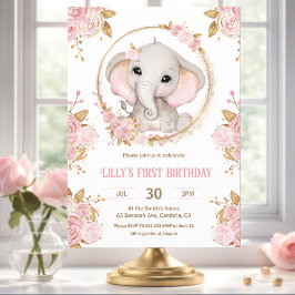 Elephant Girl Rosa Blommigt 1:a födelsedagsinbjuda Inbjudningar