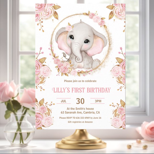 Elephant Girl Rosa Blommigt 1:a födelsedagsinbjuda Inbjudningar (Elephant Girl Pink Floral 1st Birthday Invitation)