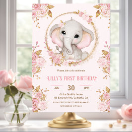 Elephant Girl Rosa Blommigt 1:a födelsedagsinbjuda Inbjudningar