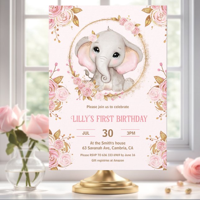 Elephant Girl Rosa Blommigt 1:a födelsedagsinbjuda Inbjudningar (Elephant Girl Pink Floral 1st Birthday Invitation)
