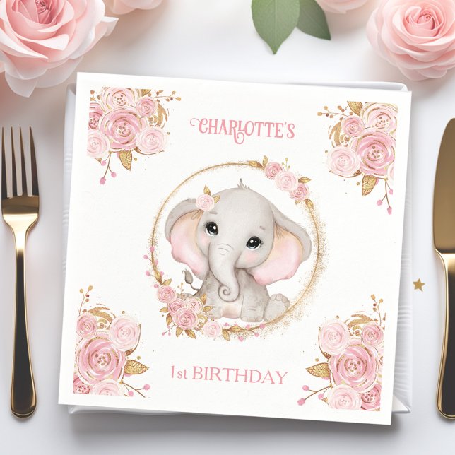Elephant Girl Rosa Blommigt 1st Birthday Napkins Pappersservett (Elephant Girl Pink Floral 1st Birthday Napkins)