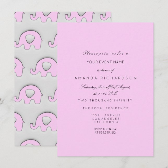 Elephant Glitter Baby Shower Girl Grått Grått Rosa Inbjudningar (Fram/baksida)