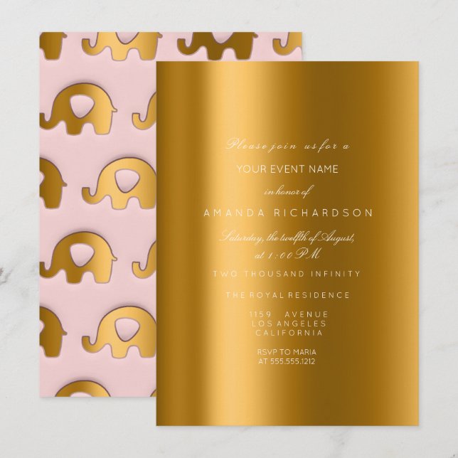Elephant Glitter Rosa Guld Birthday Shower Party Inbjudningar (Fram/baksida)