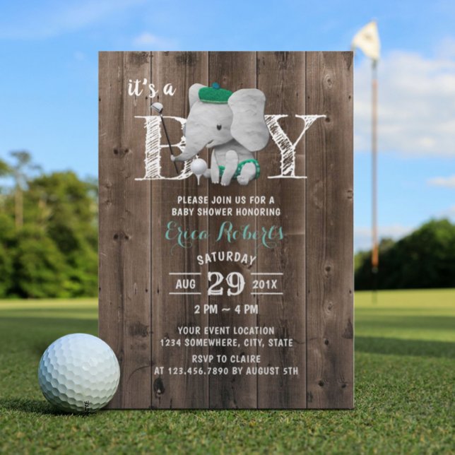 Elephant Golf Boy Rustic Barn Wood Baby Shower Inbjudningar (Skapare uppladdad)