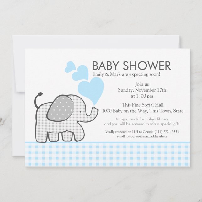 Elephant Grått Gingham Baby Shower Inbjudningar (Framsida)
