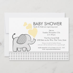 Elephant Grått Gingham Baby Shower Inbjudningar