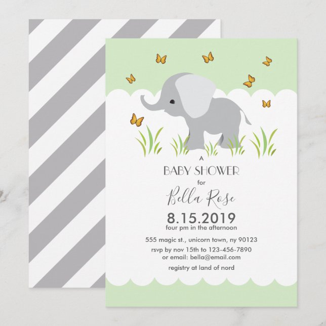 Elephant Grått Rand Baby Shower Inbjudan (Fram/baksida)
