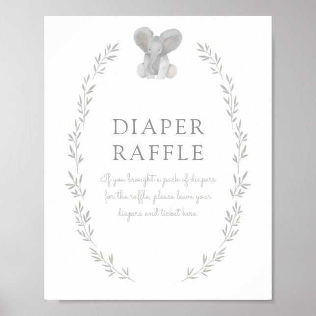 Elephant Greenery Baby Shower Diaper Raffle Sign Poster (Framsidan)