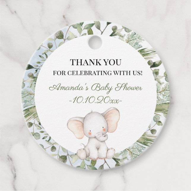 Elephant Greenery Boy Circle Baby Shower Gåvor Etiketter (Framsida)