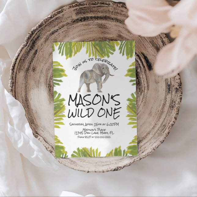 Elephant Greenery First Birthday Inbjudningar (Skapare uppladdad)