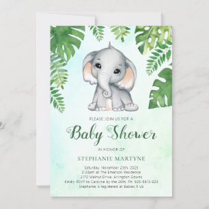 Elephant Greenery Foliage Watercolor Baby Shower I Inbjudningar