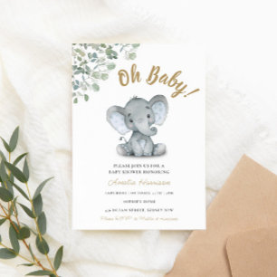 Elephant Greenery Gender Neutral Baby Shower Inbjudningar