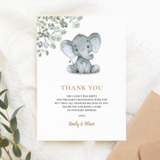 Elephant Greenery Gender Neutral Baby Shower Tack Kort (Skapare uppladdad)