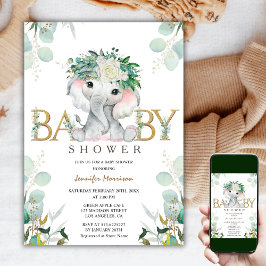 Elephant Greenery Gender Neutral Grönt Baby Shower Inbjudningar